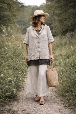 Simple & Opulence 100% Linen Button Front Top Shirt Neutral Size Small Lagenlook